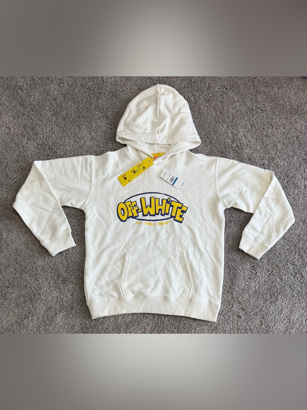 Off White Arrows Doodle Graphic Logo Hoodie Yellow White Big Kids Size XL (16)